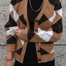 Dazy cardigan con bloques de color y argyle para mujer, informal para otono/invierno