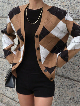 Dazy cardigan con bloques de color y argyle para mujer, informal para otono/invierno