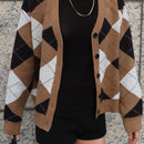 Dazy cardigan con bloques de color y argyle para mujer, informal para otono/invierno