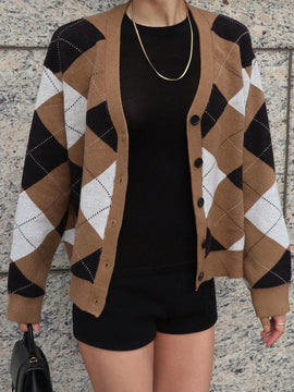 Dazy cardigan con bloques de color y argyle para mujer, informal para otono/invierno