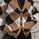 Dazy cardigan con bloques de color y argyle para mujer, informal para otono/invierno