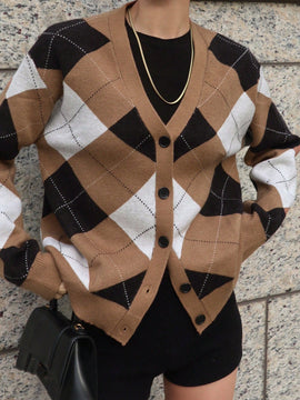 Dazy cardigan con bloques de color y argyle para mujer, informal para otono/invierno