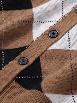 Dazy cardigan con bloques de color y argyle para mujer, informal para otono/invierno