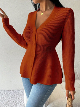 Lune cardigan elegante de mujer con cuello en v, cintura cenida y volantes en el bajo