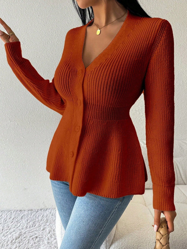 Lune cardigan elegante de mujer con cuello en v, cintura cenida y volantes en el bajo
