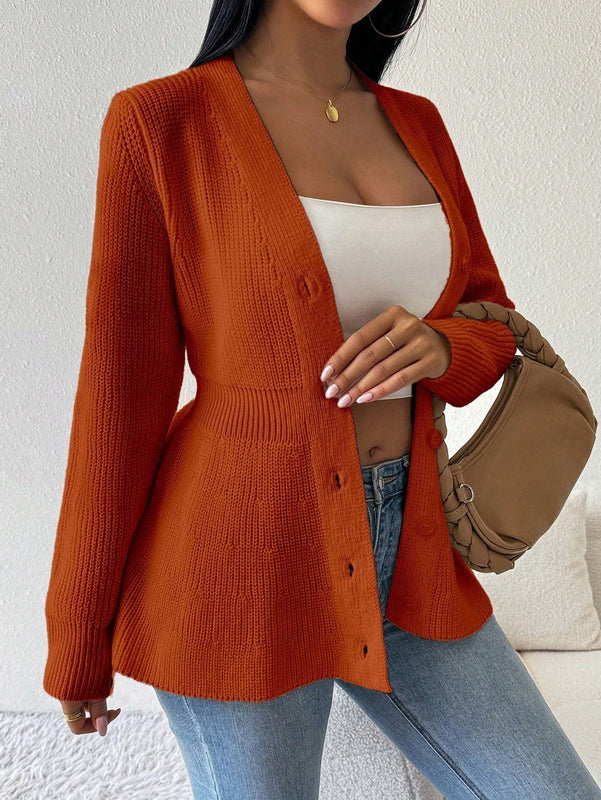 Lune cardigan elegante de mujer con cuello en v, cintura cenida y volantes en el bajo