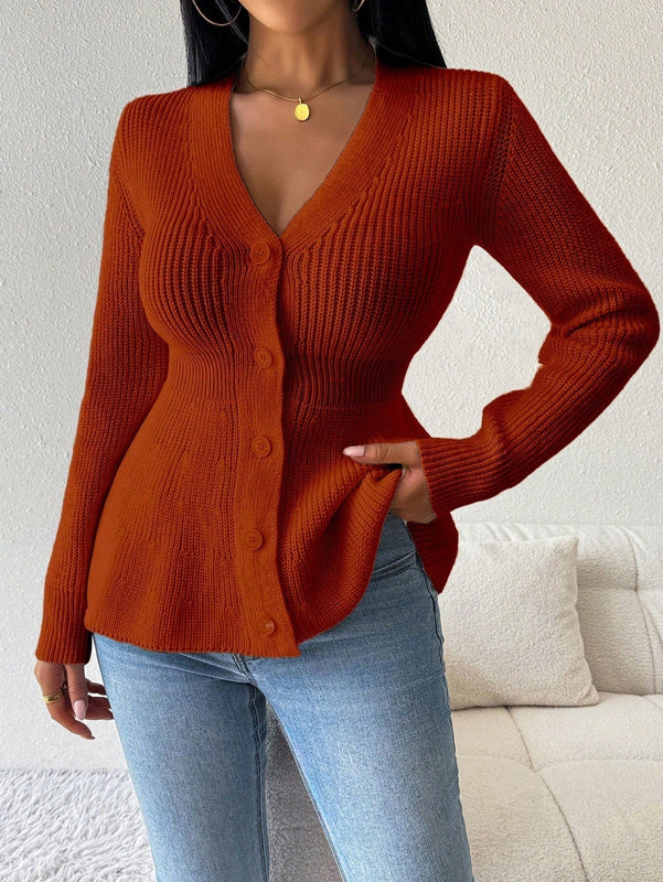 Lune cardigan elegante de mujer con cuello en v, cintura cenida y volantes en el bajo