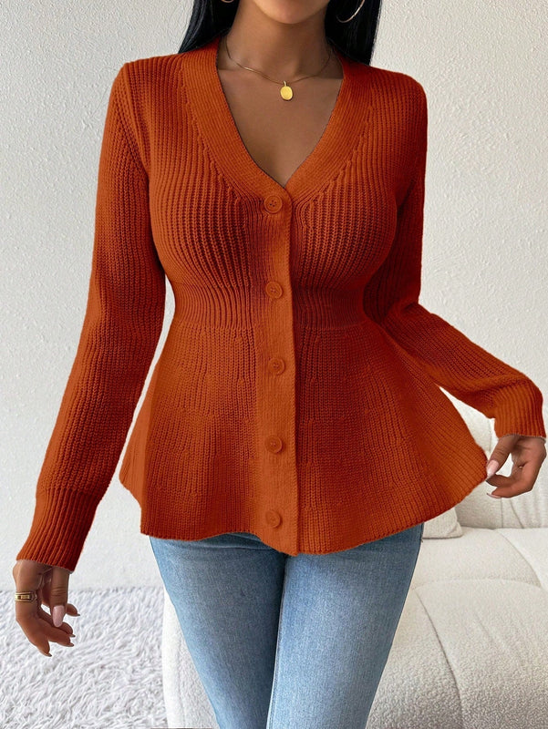 Lune cardigan elegante de mujer con cuello en v, cintura cenida y volantes en el bajo