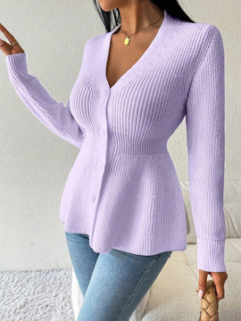 Lune cardigan elegante de mujer con cuello en v, cintura cenida y volantes en el bajo