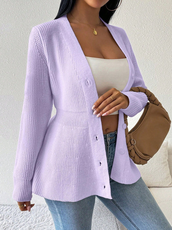 Lune cardigan elegante de mujer con cuello en v, cintura cenida y volantes en el bajo