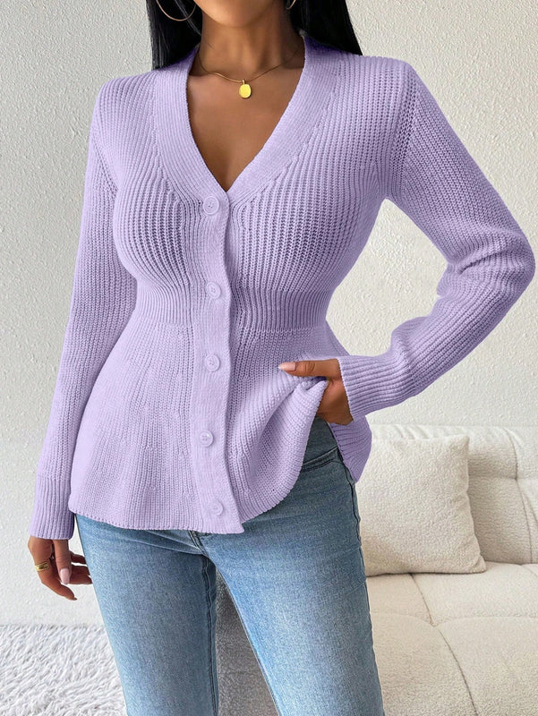 Lune cardigan elegante de mujer con cuello en v, cintura cenida y volantes en el bajo