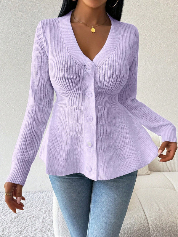 Lune cardigan elegante de mujer con cuello en v, cintura cenida y volantes en el bajo