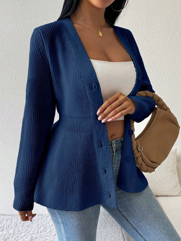 Lune cardigan elegante de mujer con cuello en v, cintura cenida y volantes en el bajo