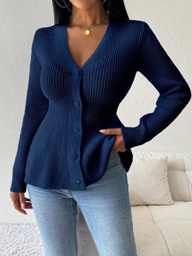 Lune cardigan elegante de mujer con cuello en v, cintura cenida y volantes en el bajo