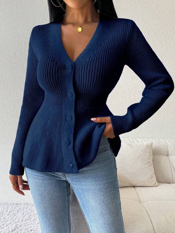 Lune cardigan elegante de mujer con cuello en v, cintura cenida y volantes en el bajo