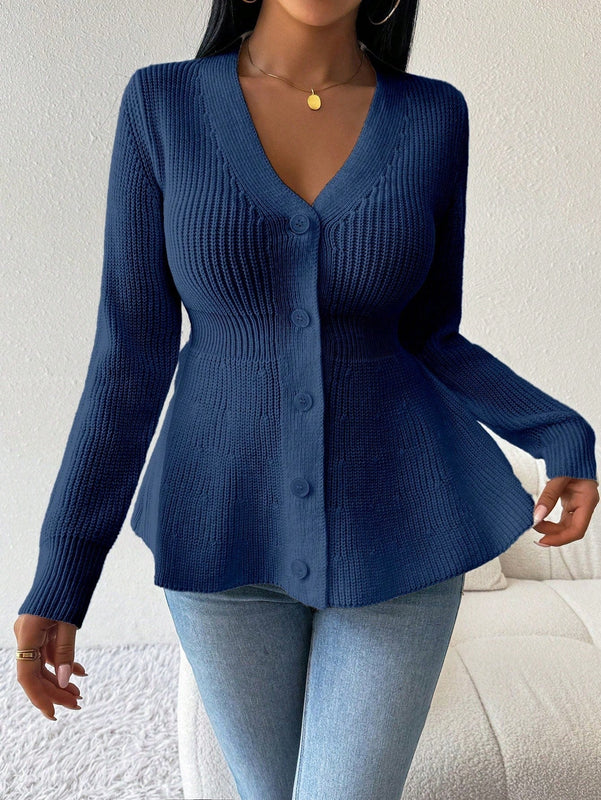 Lune cardigan elegante de mujer con cuello en v, cintura cenida y volantes en el bajo