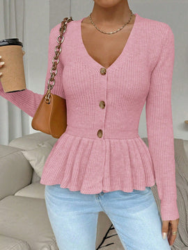 Frenchy cardigan casual de manga larga de un solo pecho con dobladillo con volantes, de color liso, para otono/invierno