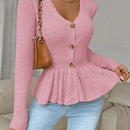 Frenchy cardigan casual de manga larga de un solo pecho con dobladillo con volantes, de color liso, para otono/invierno