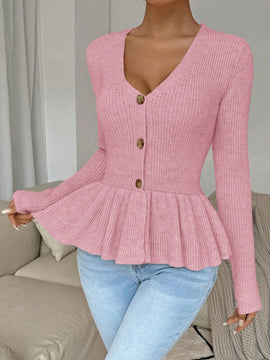 Frenchy cardigan casual de manga larga de un solo pecho con dobladillo con volantes, de color liso, para otono/invierno
