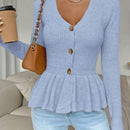 Frenchy cardigan casual de manga larga de un solo pecho con dobladillo con volantes, de color liso, para otono/invierno