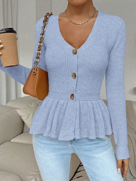 Frenchy cardigan casual de manga larga de un solo pecho con dobladillo con volantes, de color liso, para otono/invierno