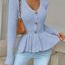 Frenchy cardigan casual de manga larga de un solo pecho con dobladillo con volantes, de color liso, para otono/invierno
