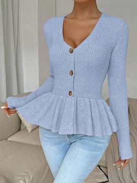 Frenchy cardigan casual de manga larga de un solo pecho con dobladillo con volantes, de color liso, para otono/invierno