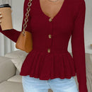 Frenchy cardigan casual de manga larga de un solo pecho con dobladillo con volantes, de color liso, para otono/invierno