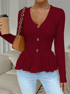 Frenchy cardigan casual de manga larga de un solo pecho con dobladillo con volantes, de color liso, para otono/invierno