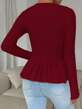 Frenchy cardigan casual de manga larga de un solo pecho con dobladillo con volantes, de color liso, para otono/invierno