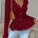 Frenchy cardigan casual de manga larga de un solo pecho con dobladillo con volantes, de color liso, para otono/invierno