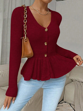 Frenchy cardigan casual de manga larga de un solo pecho con dobladillo con volantes, de color liso, para otono/invierno