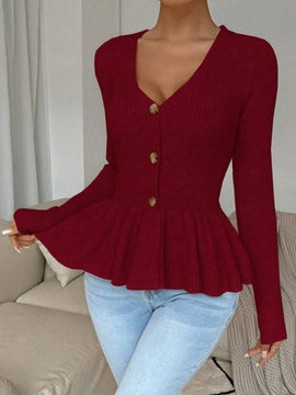 Frenchy cardigan casual de manga larga de un solo pecho con dobladillo con volantes, de color liso, para otono/invierno