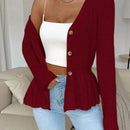 Frenchy cardigan casual de manga larga de un solo pecho con dobladillo con volantes, de color liso, para otono/invierno