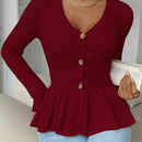 Frenchy cardigan casual de manga larga de un solo pecho con dobladillo con volantes, de color liso, para otono/invierno