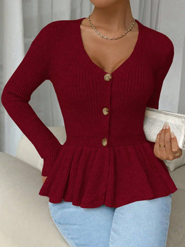 Frenchy cardigan casual de manga larga de un solo pecho con dobladillo con volantes, de color liso, para otono/invierno