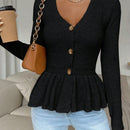 Frenchy cardigan casual de manga larga de un solo pecho con dobladillo con volantes, de color liso, para otono/invierno