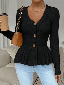 Frenchy cardigan casual de manga larga de un solo pecho con dobladillo con volantes, de color liso, para otono/invierno
