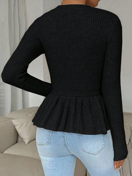 Frenchy cardigan casual de manga larga de un solo pecho con dobladillo con volantes, de color liso, para otono/invierno