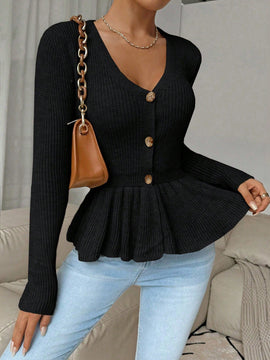 Frenchy cardigan casual de manga larga de un solo pecho con dobladillo con volantes, de color liso, para otono/invierno
