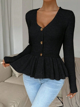 Frenchy cardigan casual de manga larga de un solo pecho con dobladillo con volantes, de color liso, para otono/invierno
