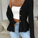 Frenchy cardigan casual de manga larga de un solo pecho con dobladillo con volantes, de color liso, para otono/invierno