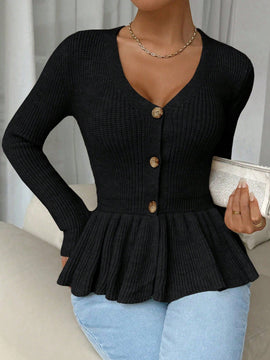 Frenchy cardigan casual de manga larga de un solo pecho con dobladillo con volantes, de color liso, para otono/invierno