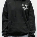 Sudadera con capucha negra holgada de mujer con estampado de lema, hombros caidos y cordon, primavera y otono