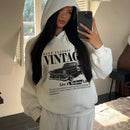 Ezwear sudadera con capucha holgada de manga larga con estampado vintage de coche minimalista casual para mujer, otono/invierno