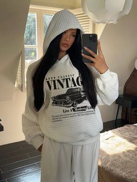 Ezwear sudadera con capucha holgada de manga larga con estampado vintage de coche minimalista casual para mujer, otono/invierno
