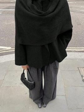 Essnce chaqueta de lana negra holgada y versatil para uso casual y de aeropuerto, diseno de bufanda de una pieza, chaqueta de cardigan corta de lana calida para el invierno, tendencia de moda otono 2024