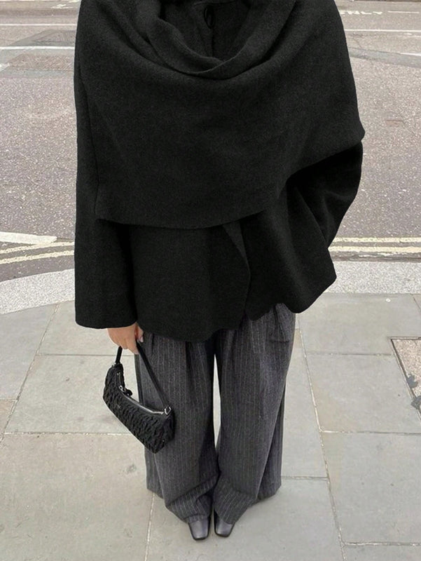 Essnce chaqueta de lana negra holgada y versatil para uso casual y de aeropuerto, diseno de bufanda de una pieza, chaqueta de cardigan corta de lana calida para el invierno, tendencia de moda otono 2024
