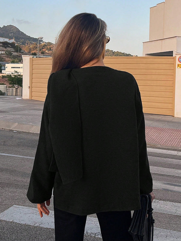 Essnce chaqueta de lana negra holgada y versatil para uso casual y de aeropuerto, diseno de bufanda de una pieza, chaqueta de cardigan corta de lana calida para el invierno, tendencia de moda otono 2024