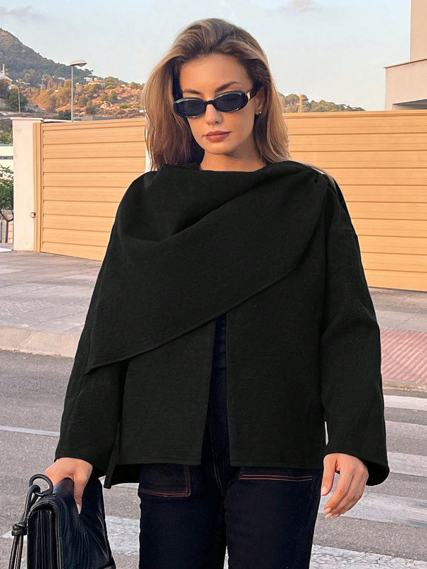 Essnce chaqueta de lana negra holgada y versatil para uso casual y de aeropuerto, diseno de bufanda de una pieza, chaqueta de cardigan corta de lana calida para el invierno, tendencia de moda otono 2024